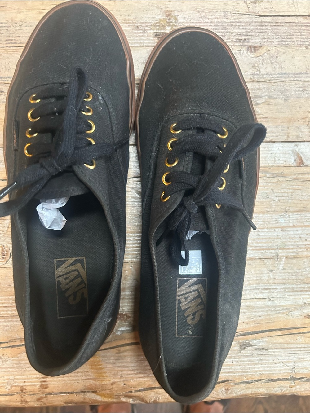 Vans Men's Black Canvas Sneakers with Brown Midsole and Gold Eyelets